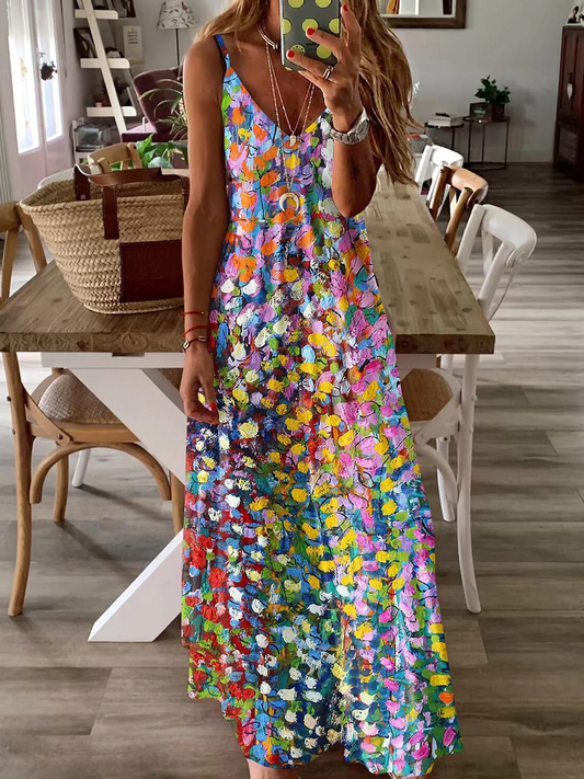 Vestido de tirantes con cuello en V y estampado de pintura