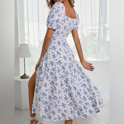 Lara - Vestido Midi Cuello Cuadrado Estampado Floral