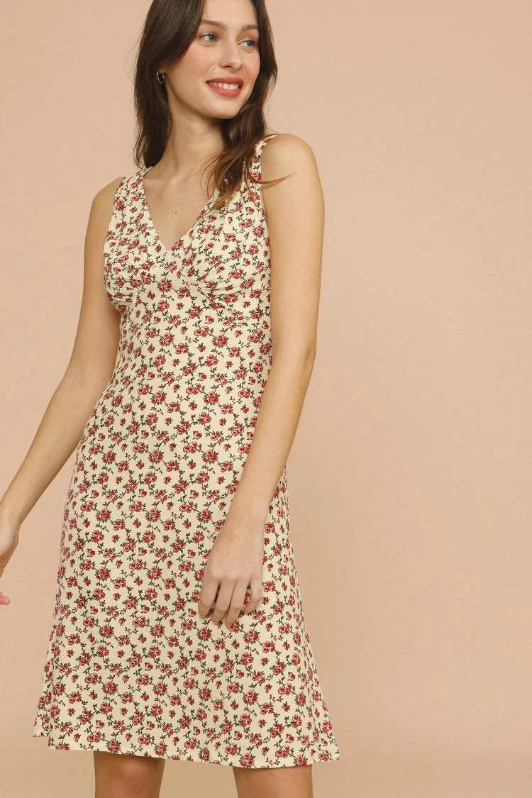 Solveig® | Vestido midi sin mangas con cuello en V y estampado floral