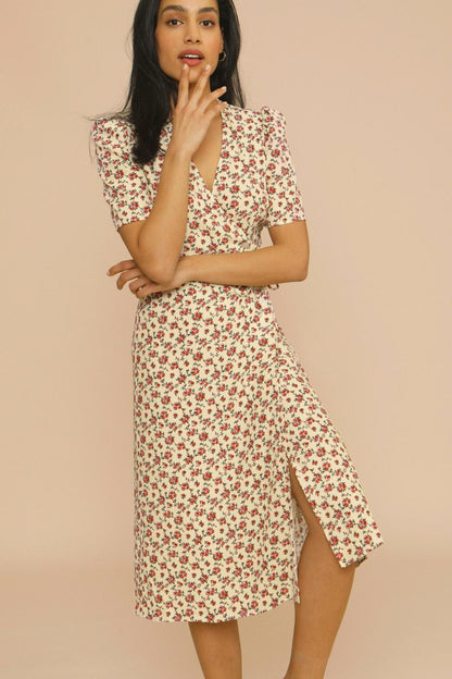 Sigrid® | Vestido midi con cuello de pico y manga abullonada con estampado floral