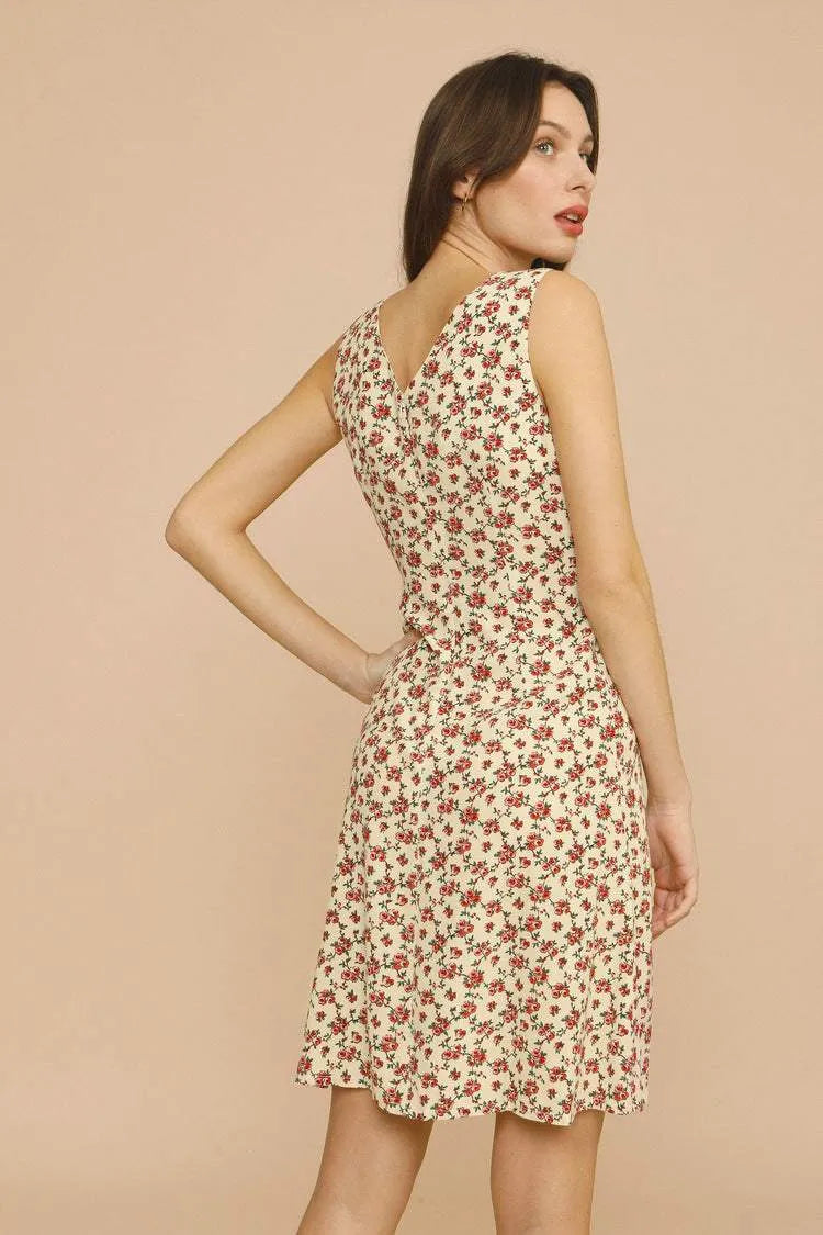 Solveig® | Vestido midi sin mangas con cuello en V y estampado floral