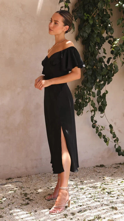 Victoria - Vestido midi negro con hombros descubiertos