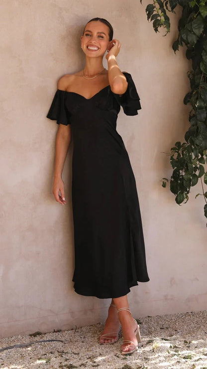 Victoria - Vestido midi negro con hombros descubiertos