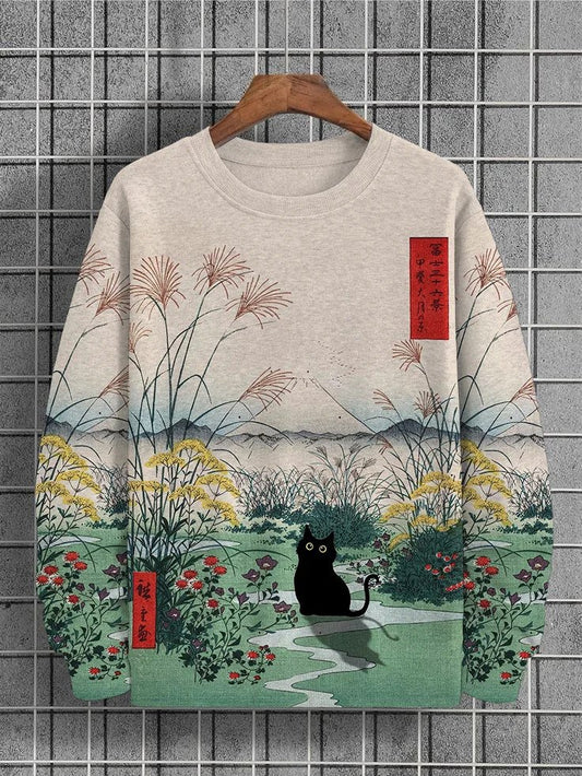 Sudadera Informal con Estampado de Gato Japonés para Hombre, Período Edo, Monte Fuji