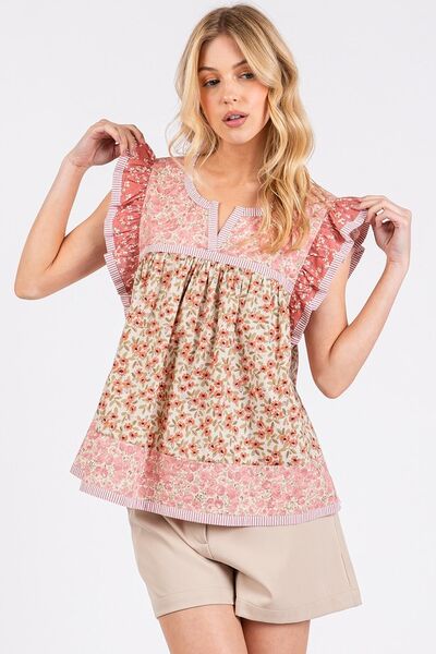 Yolanda® | Blusa con mangas japonesas y volantes con muescas florales