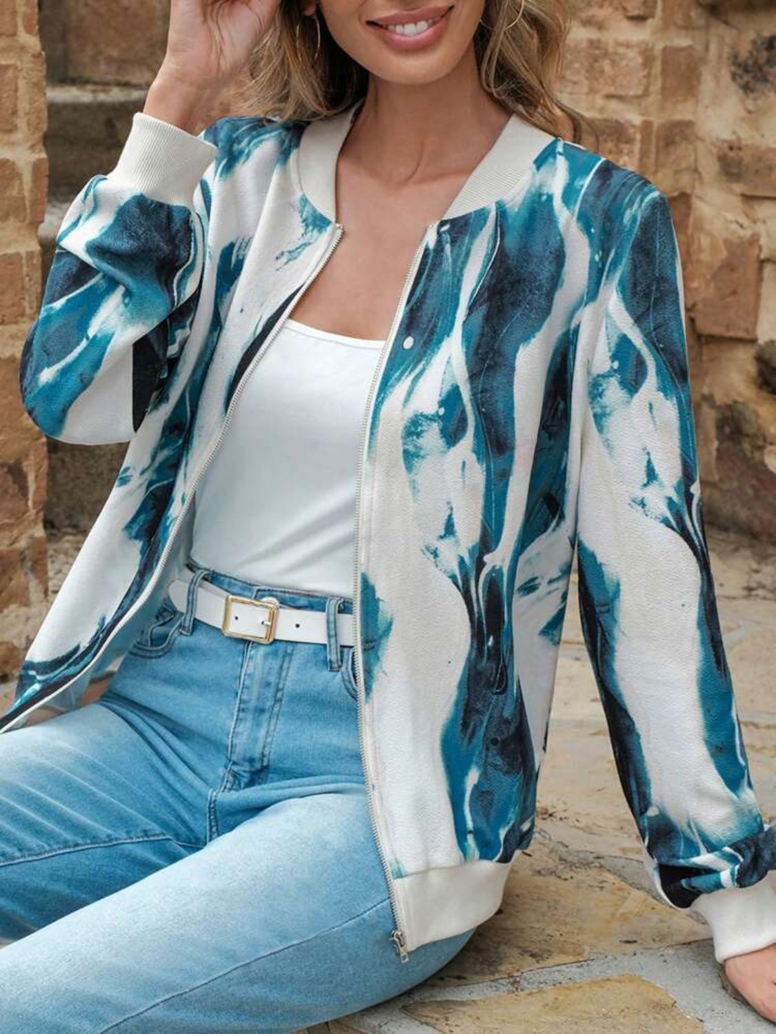 Soraya® | Chaqueta estampada con Cremallera y cuello tipo béisbol