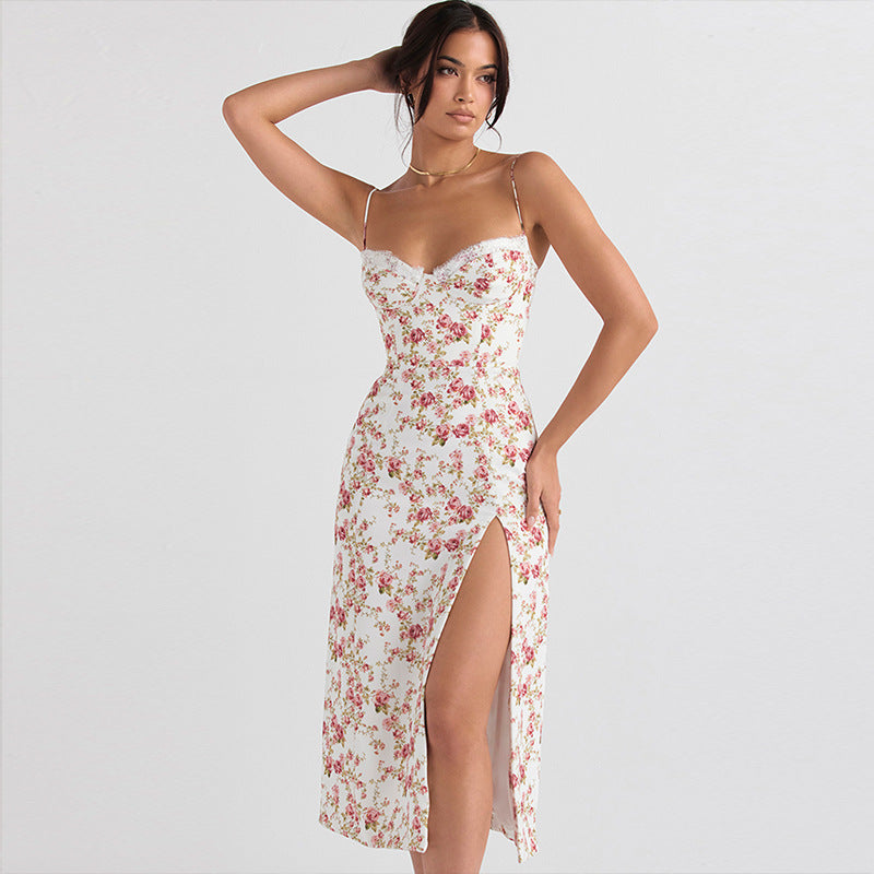 Sauce® | Vestido de fiesta largo de encaje con estampado para invitadas de boda en verano 2024 para mujer