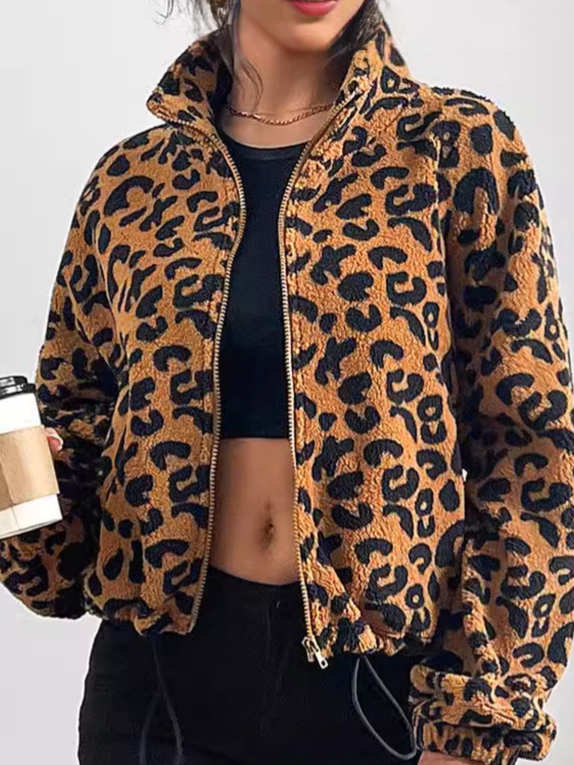 Waleska® | Chaqueta de manga larga con estampado de Estampado de Leopardo y cierre de Cremallera