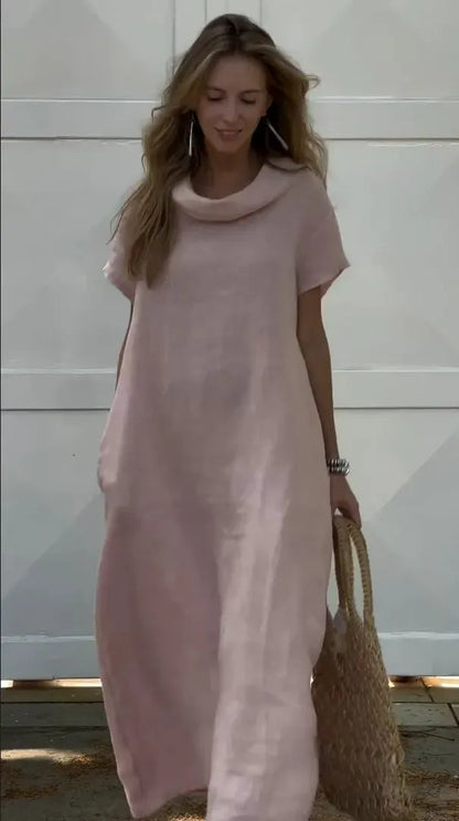 Andrea - Vestido casual de algodón y lino para mujer con bolsillo