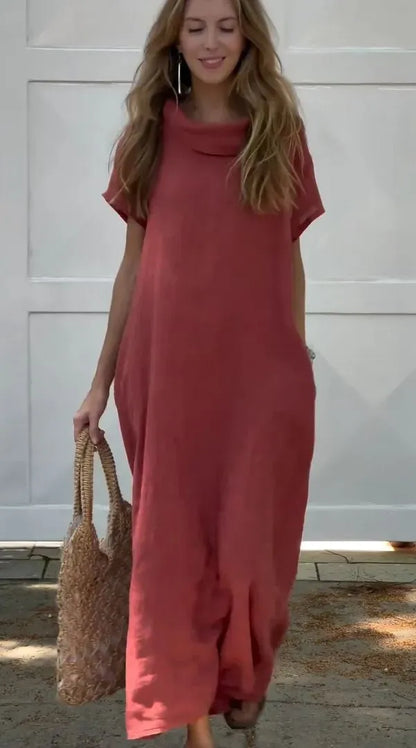 Andrea - Vestido casual de algodón y lino para mujer con bolsillo