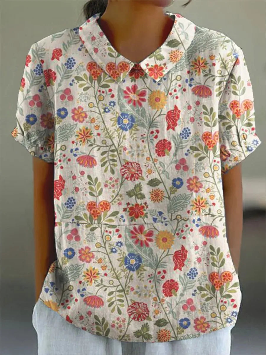 Alicia - Camisa casual de mujer de algodón y lino, estampado floral pastoral