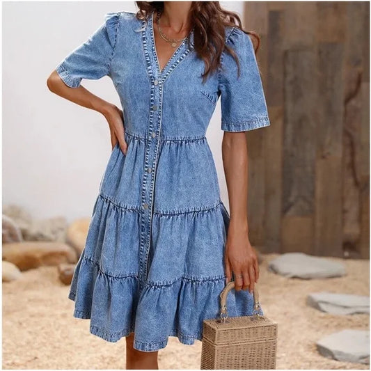 Paula - Minivestido de chambray con volantes y tapeta de botones en denim