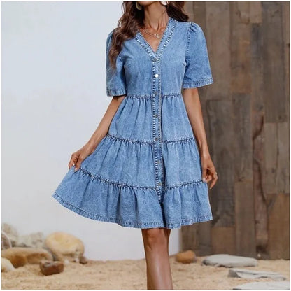 Paula - Minivestido de chambray con volantes y tapeta de botones en denim