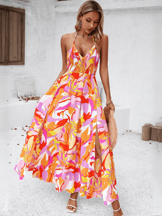 Vestido largo halter con estampado floral de Hawaii y lazo en la espalda - Naranja