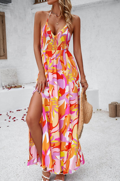 Vestido largo halter con estampado floral de Hawaii y lazo en la espalda - Naranja