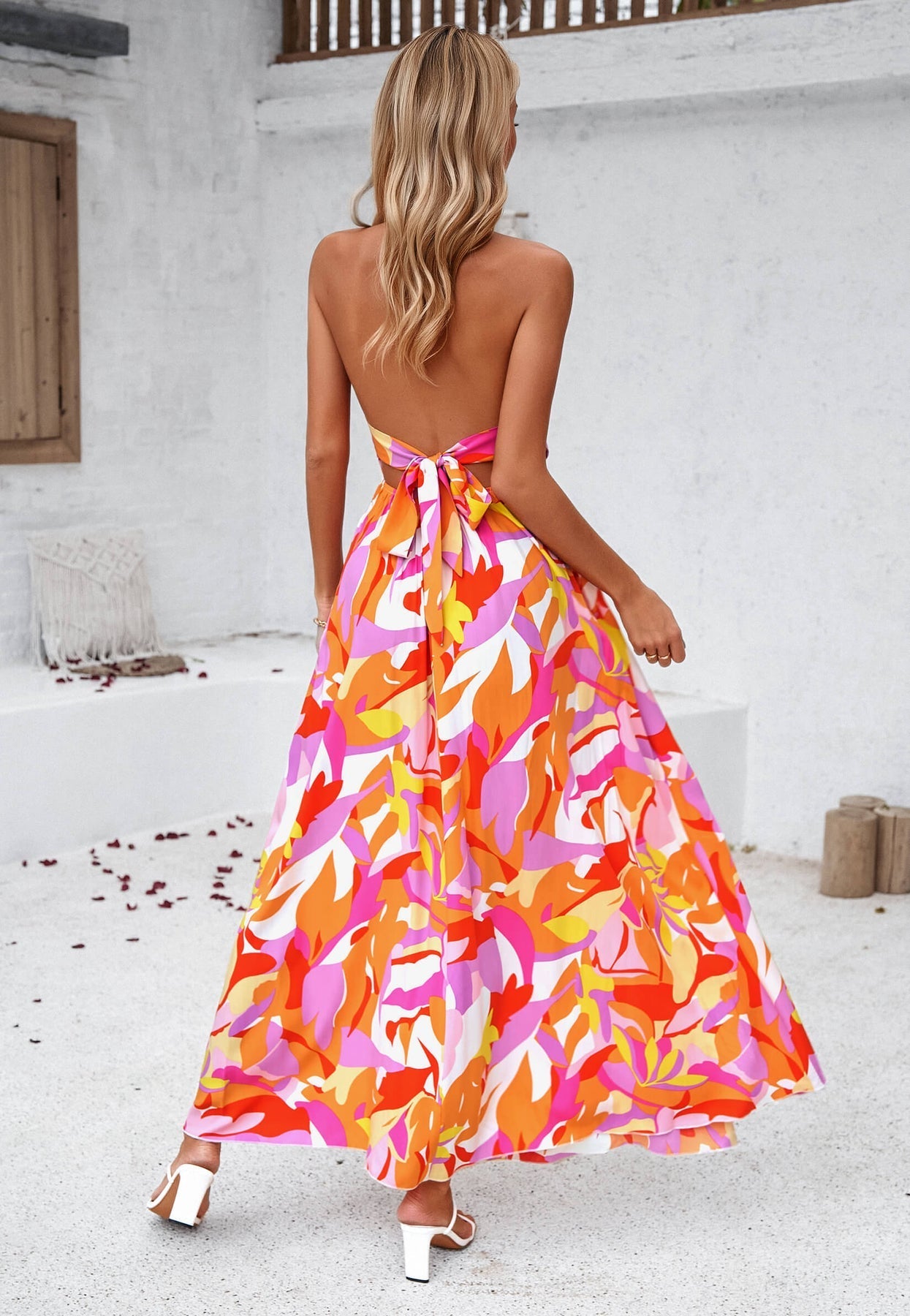 Vestido largo halter con estampado floral de Hawaii y lazo en la espalda - Naranja