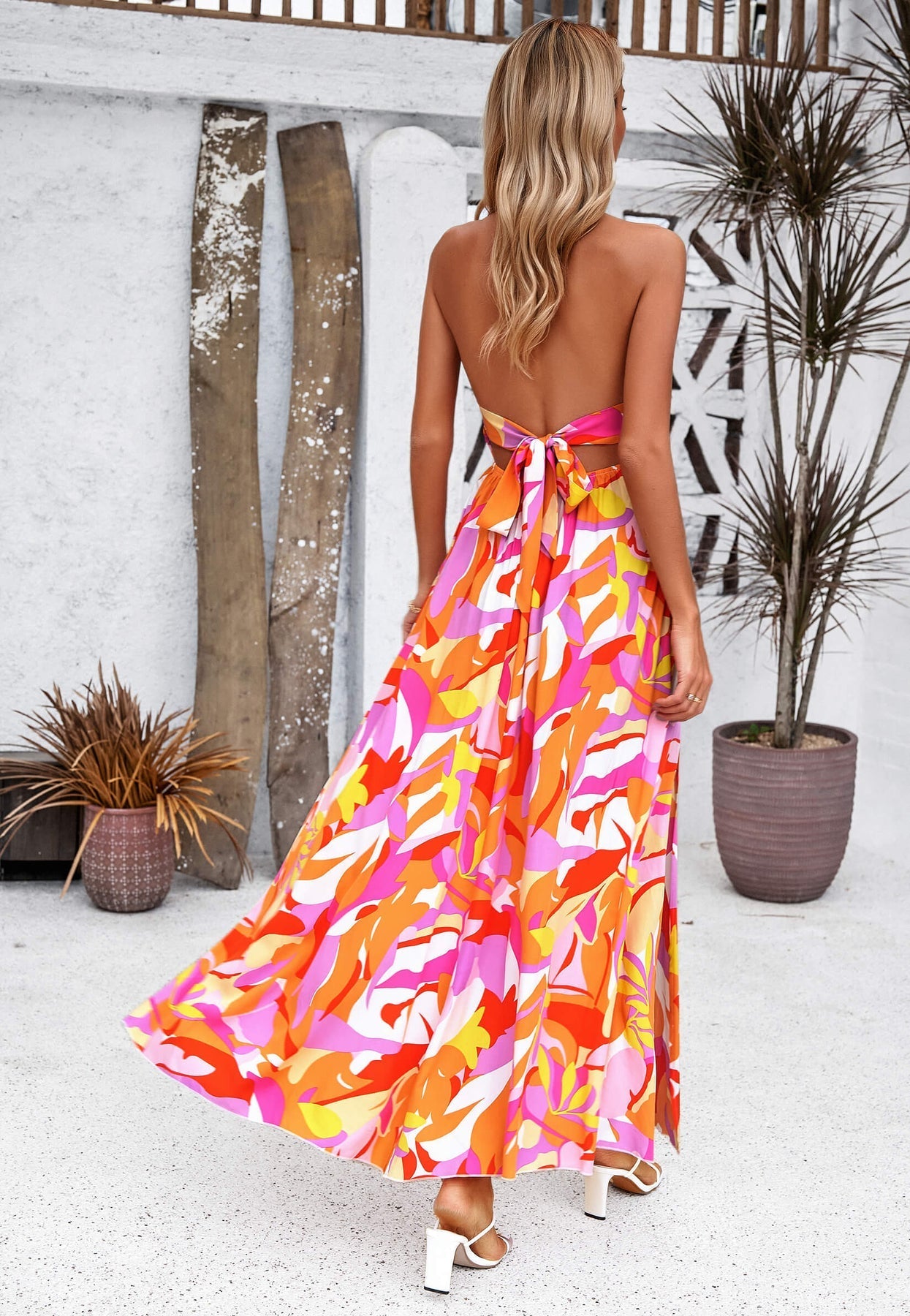 Vestido largo halter con estampado floral de Hawaii y lazo en la espalda - Naranja