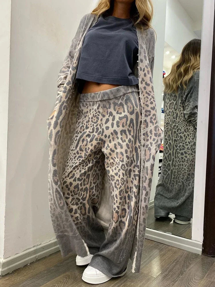 Janice - Bolsa con estampado de leopardo Conjunto de chaqueta de manga larga y pantalón con cintura elástica