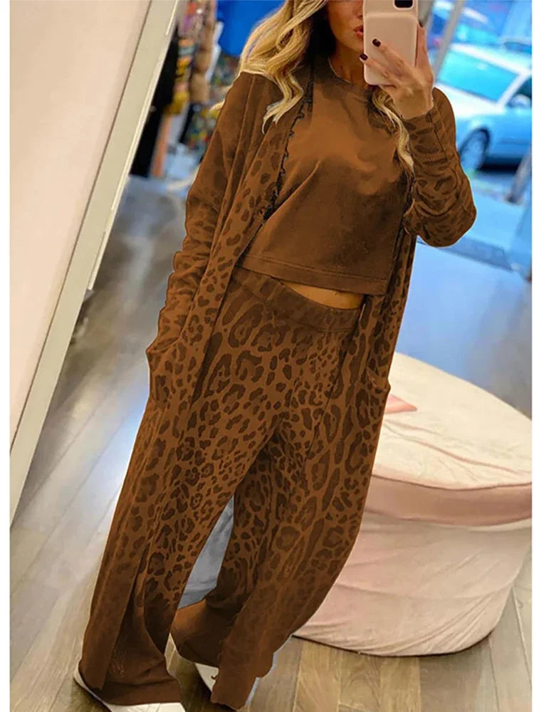 Janice - Bolsa con estampado de leopardo Conjunto de chaqueta de manga larga y pantalón con cintura elástica