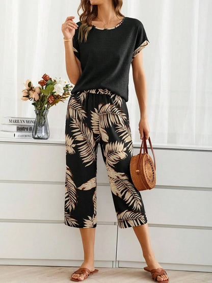 Women's Palm Leaf Daily Going Out Two Piece Set Short Sleeve Casual Summer Top With Pants Matching Set Black