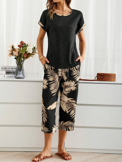 Women's Palm Leaf Daily Going Out Two Piece Set Short Sleeve Casual Summer Top With Pants Matching Set Black