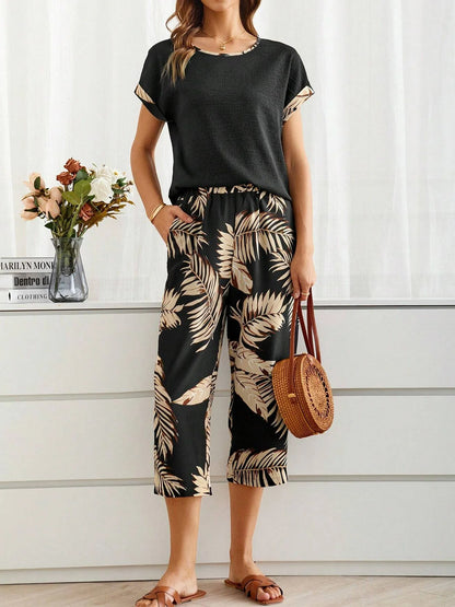 Women's Palm Leaf Daily Going Out Two Piece Set Short Sleeve Casual Summer Top With Pants Matching Set Black