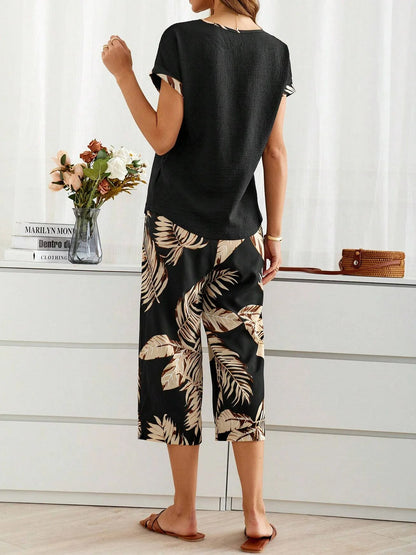 Women's Palm Leaf Daily Going Out Two Piece Set Short Sleeve Casual Summer Top With Pants Matching Set Black