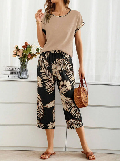 Women's Palm Leaf Daily Going Out Two Piece Set Short Sleeve Casual Summer Top With Pants Matching Set Black