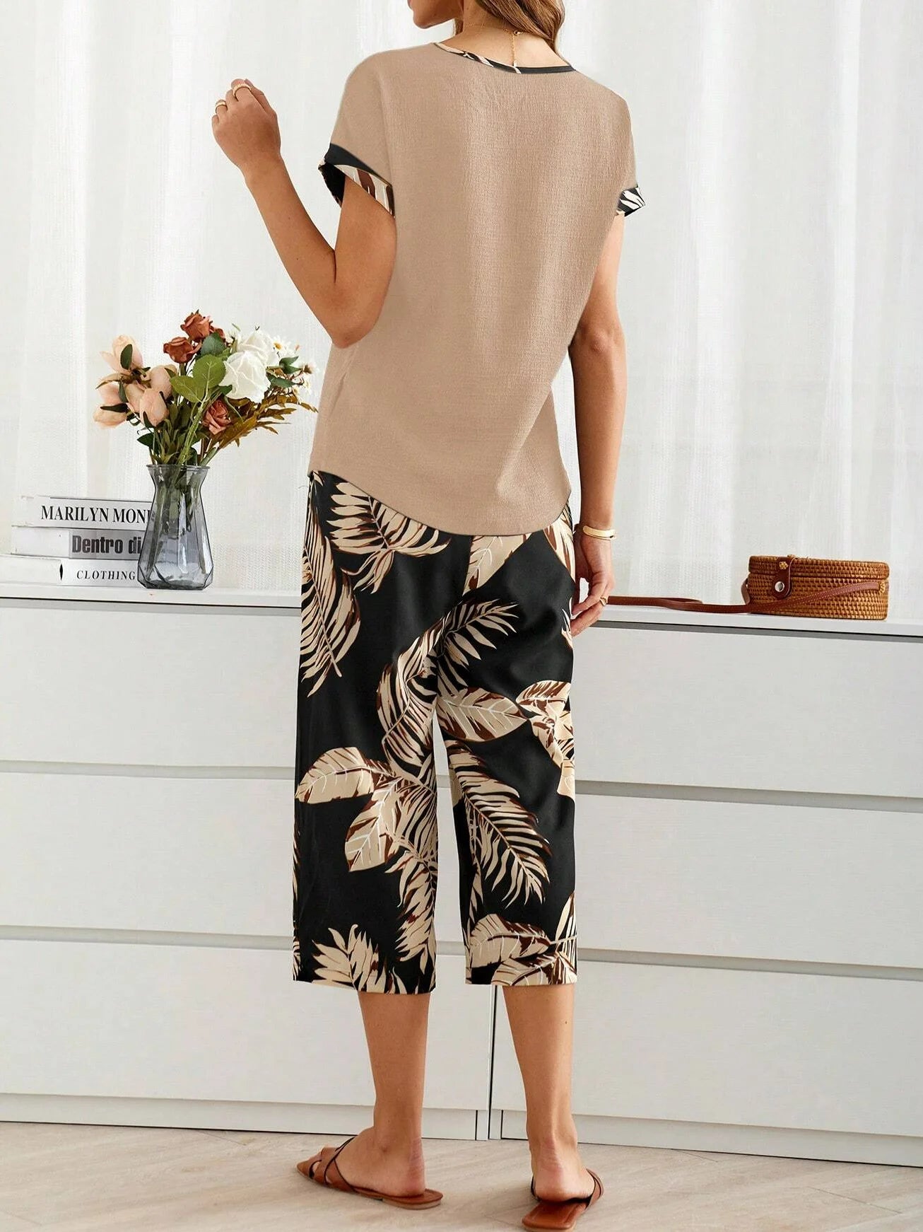 Women's Palm Leaf Daily Going Out Two Piece Set Short Sleeve Casual Summer Top With Pants Matching Set Black