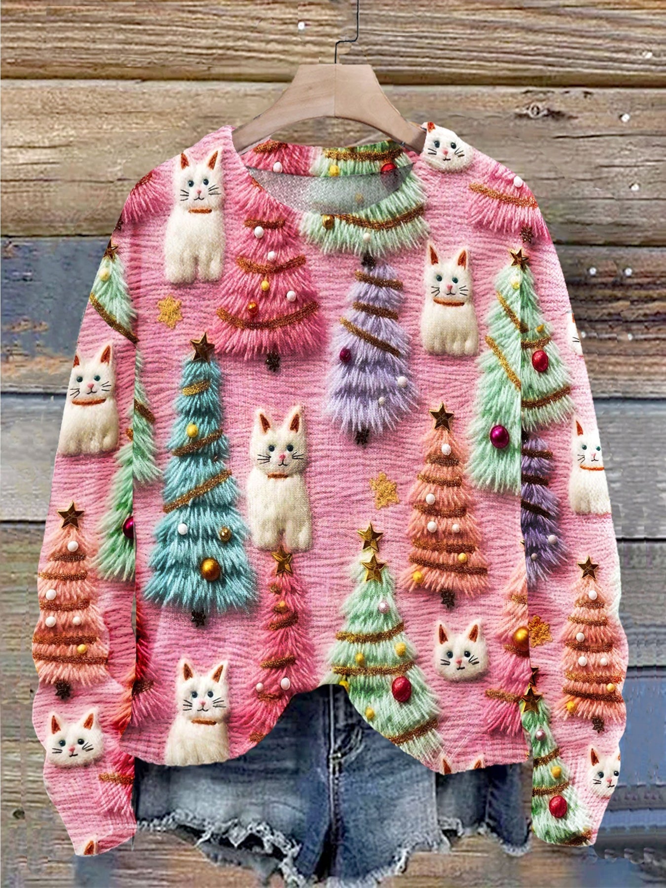 Jersey de Punto con Estampado 3D y Lindo gato Navideño