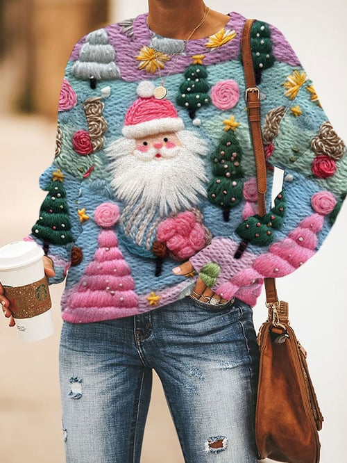 Jersey Navideño Rosa con Estampado de Papá Noel Para Mujer