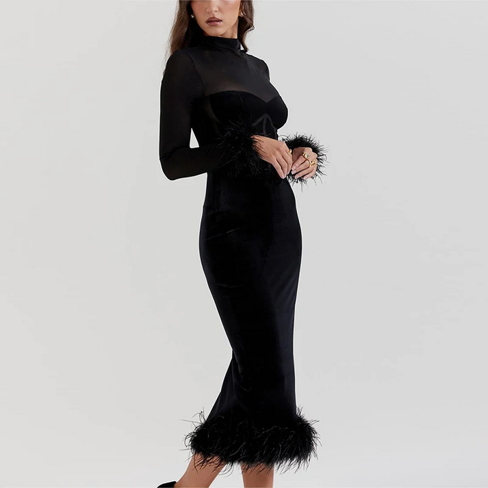 Kelly - Elegante vestido midi de plumas