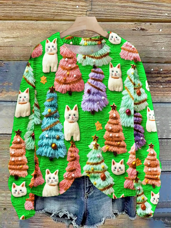 Jersey de Punto con Estampado 3D y Lindo Gato Navideño