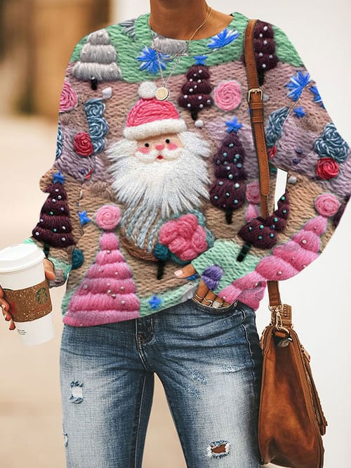 Jersey Navideño Rosa con Estampado de Papá Noel Para Mujer