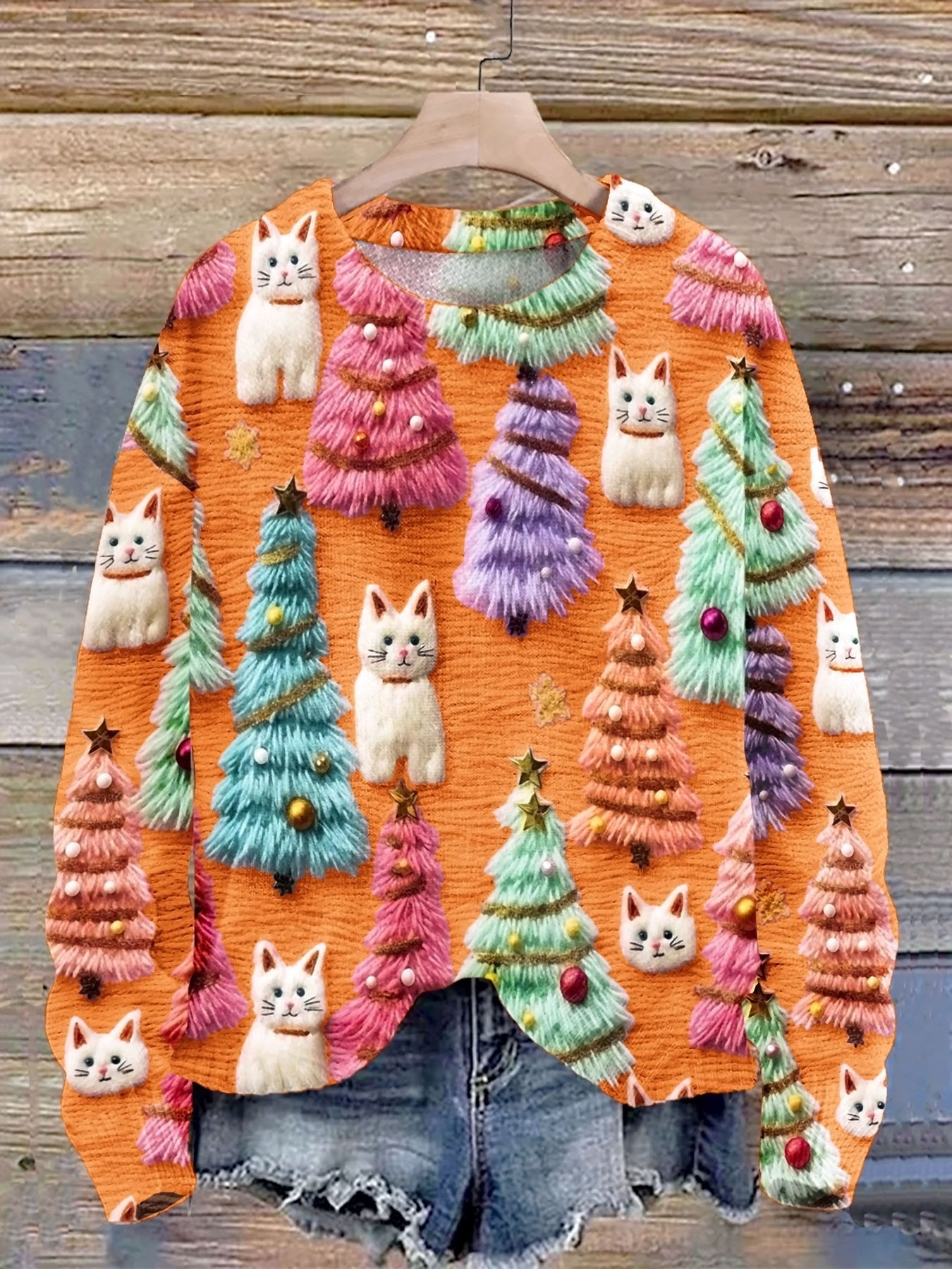 Jersey de Punto con Estampado 3D y Lindo gato Navideño