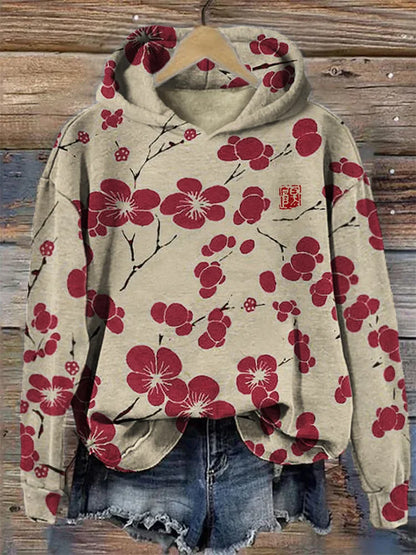 Japones Lino Art Vintage Sudadera con Capucha flor de cerezo