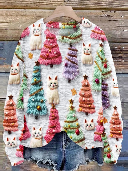 Jersey de Punto con Estampado 3D y Lindo gato Navideño