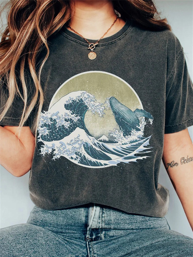 Camiseta Koszulka Vintage Washed Japanese Art Whale Breach