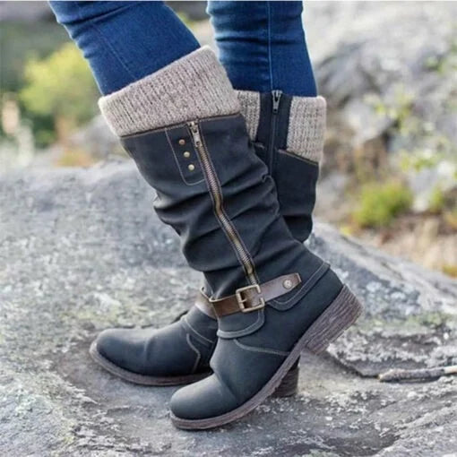 Botas planas de piel para mujer con tacón medio y cierre de cremallera