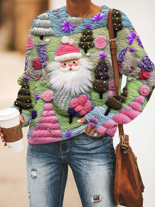 Jersey Navideño Rosa con Estampado de Papá Noel Para Mujer