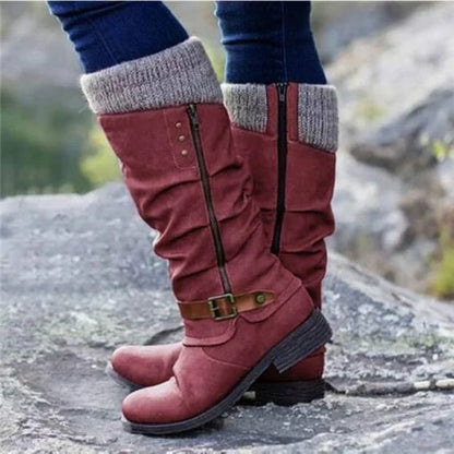 Botas planas de piel para mujer con tacón medio y cierre de cremallera