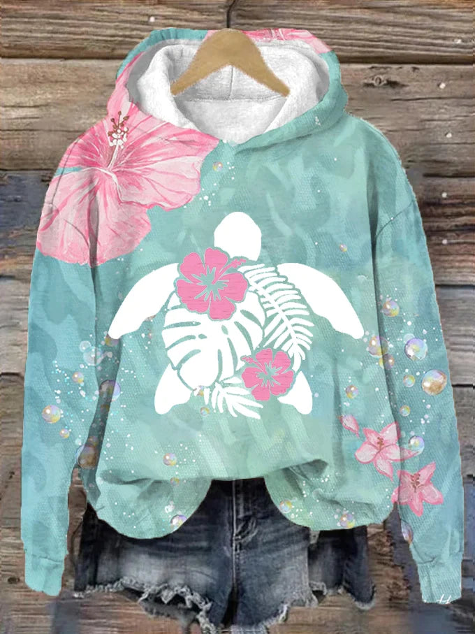 Sudadera con capucha para mujer con estampado de hibiscos Maui Turtle