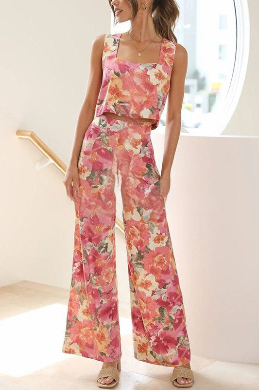 Truly Darling Conjunto de camiseta floral de cuello cuadrado y pantalón ancho de tiro alto