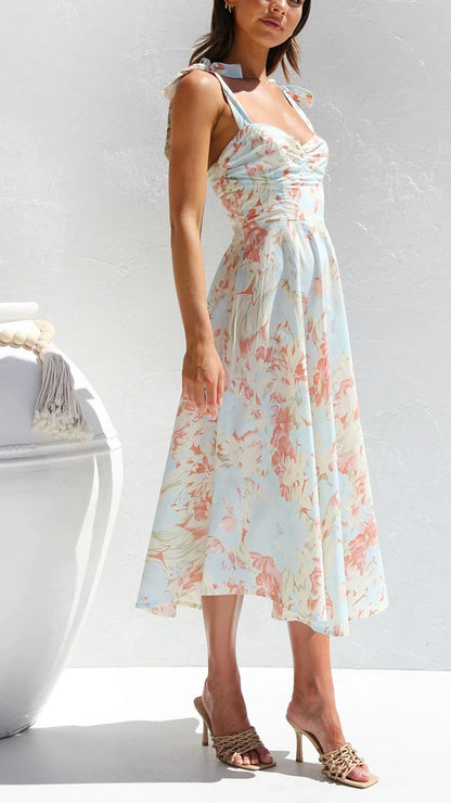 TOPERTH Vestido midi estampado floral con hombros anudados