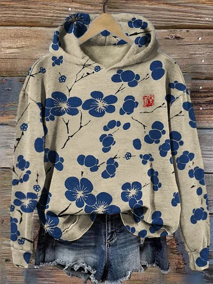 Japones Lino Art Vintage Sudadera con Capucha flor de cerezo