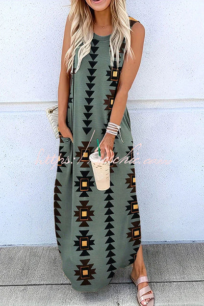 Maxivestido de punto con bolsillos Celina Geometric Hippie Print