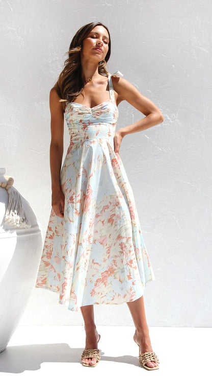 TOPERTH Vestido midi estampado floral con hombros anudados